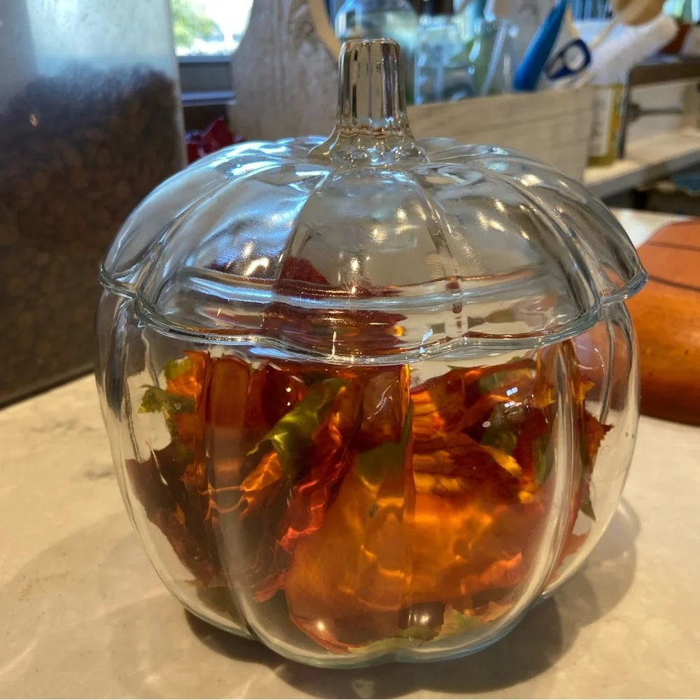 EUC Autumn Fall Glass Pumpkin Jar Dish Home Decoration with Removable Lid Decor - Picture 1 of 4